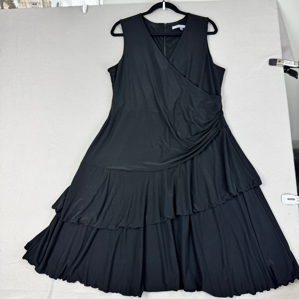 Luxe Carmen Marc Valvo Black Faux Wrap Tiered Ruffle Midi Dress Plus Size 16W‎